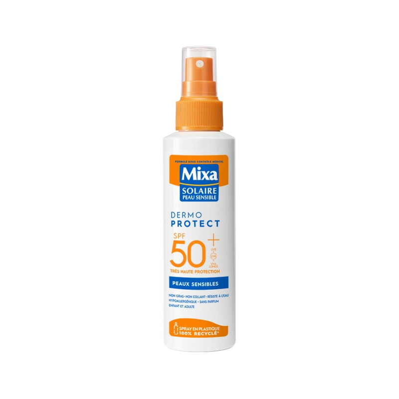 Mixa Solaire Peaux Sensibles Spray Soin Solaire Très Haute Protection SPF 50+ UVA UVA longs UVB Visage et Corps Adultes et Enfants Résistant à 'Eau et au Sable Hypoallergénique 150 ml