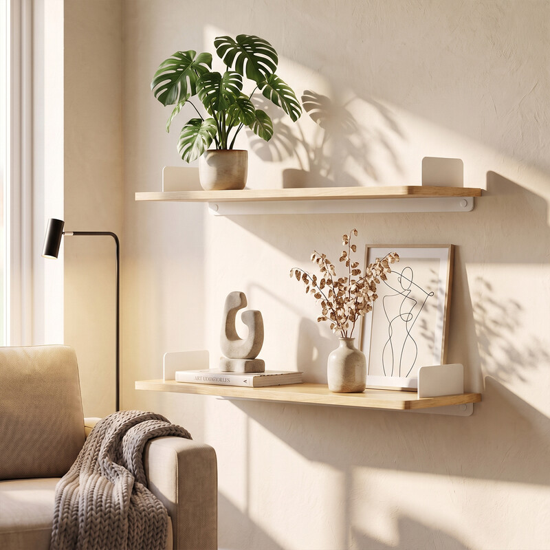 kapanou Schwebendes Regal für die Wand, modernes hängendes Buchregal mit weißen Metallhalterungen, aus Holz, wandmontiert, für Landhausküche, Badezimmer und Schlafzimmer, Rustikal Braun