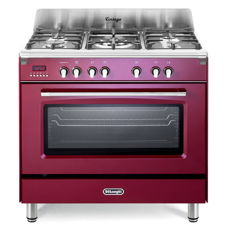 DeLonghi DVRS916-DF/BU 90cm Dual Fuel Range Cooker, Burgundy, A Rated