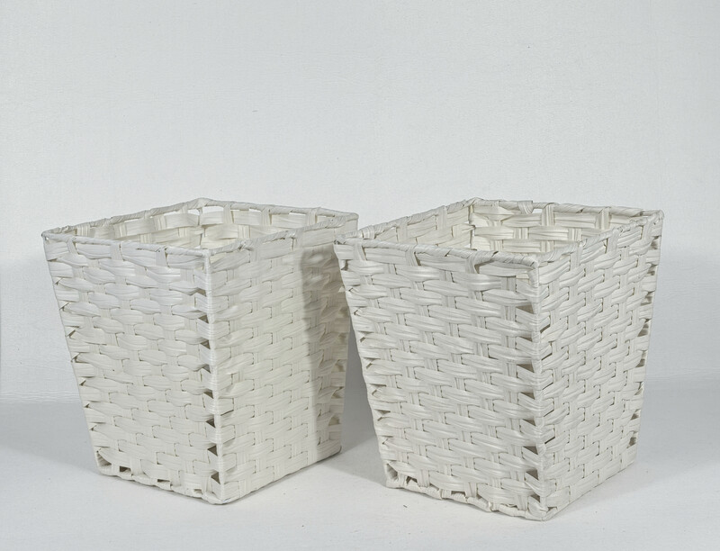 SET OF 2 PP FAUX RATTAN WASTE BASKET-WHITE 10x10x11"H