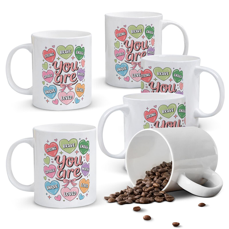 1pc Daily Affirmation Mug, 11oz "You Are" Ceramic Cup with Colorful Hearts Featuring
