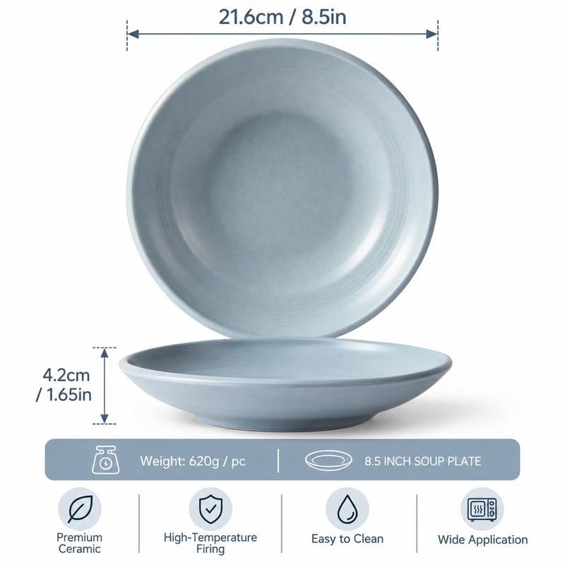 JIWOO ZEN 8,5 Zoll mattblaues feines Keramik mittlerer Suppenteller, 1 Stück – unverzichtbar für Pasta, Salate und Suppe