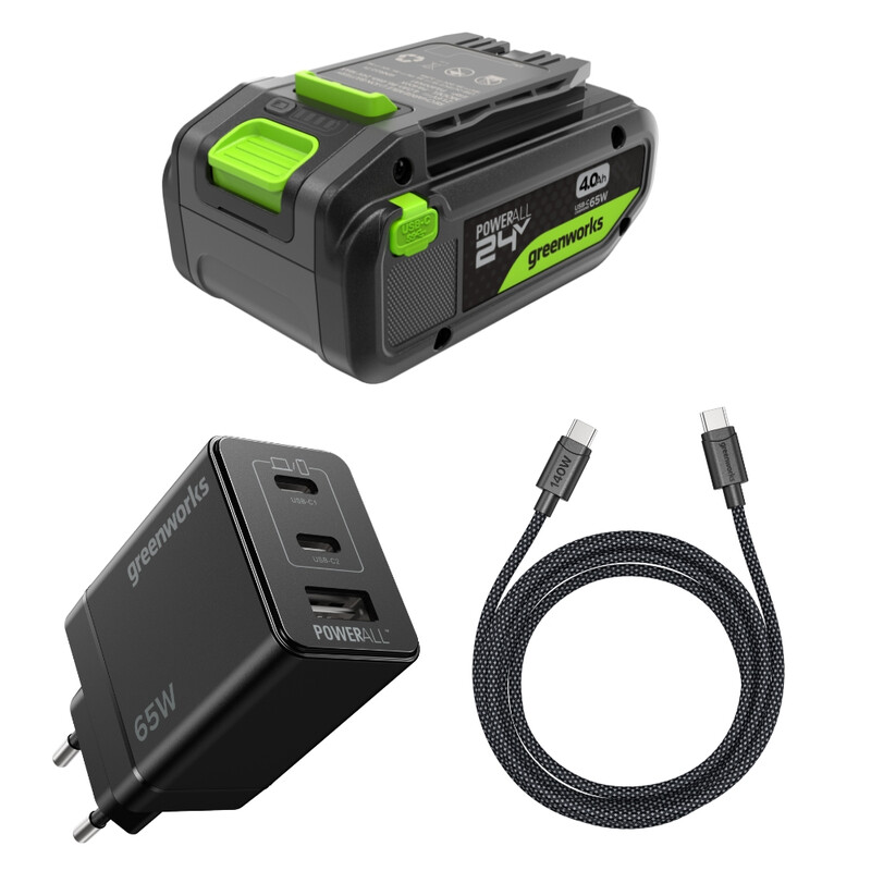greenworks 24 V Starterset 1 x 4 Ah HP USB-batterij+ 65 W oplader+100 W 1 m kabel