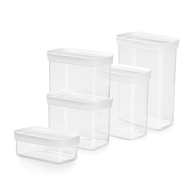Emsa Optima 5-teiliges Trockenvorratsdosen-Set, 0,45/2 x 1/1,6/2,2 Liter, rechteckig, 100% sicher/ hygienisch/ platzeffizient, Frischedichtung, transparentes Design, N1142800