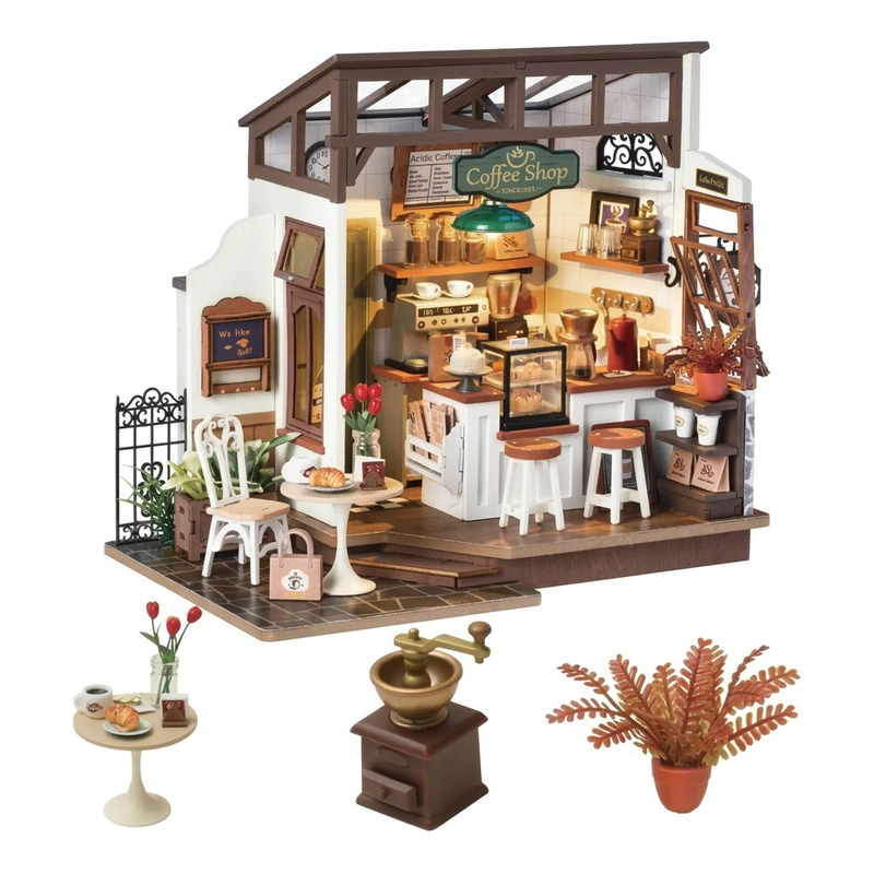 Robotime Rolife Puppenhaus-Bausatz "Café": 1:24 Miniatur Haus mit Nachtlicht, DIY Deko für Bücherregal & Wohnzimmer - Bastelgeschenk