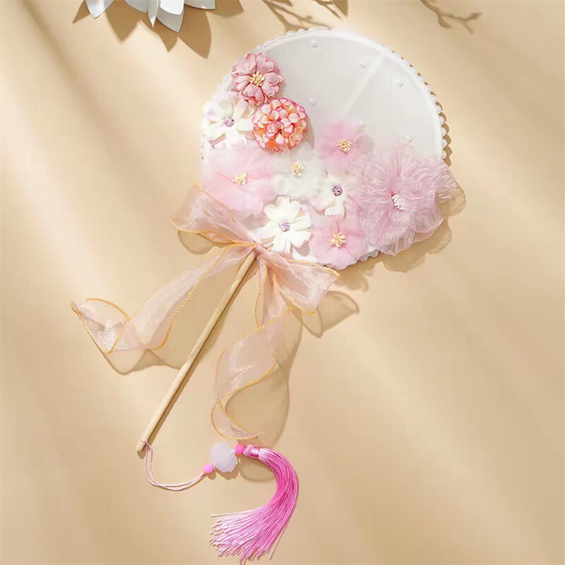 Huacan Chinese ancient style floral patterns, long handled dance, Hanfu embroidery, round fan, fairy like ribbon, handmade craftsmanship, intricate and exquisite 1PC