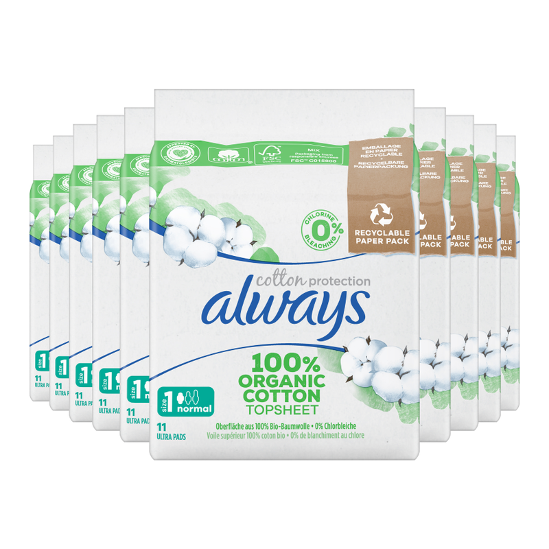 Always Cotton Protection Normal Maandverband Met Vleugels 110 stuks, Toplaag van 100% Biologisch Katoen