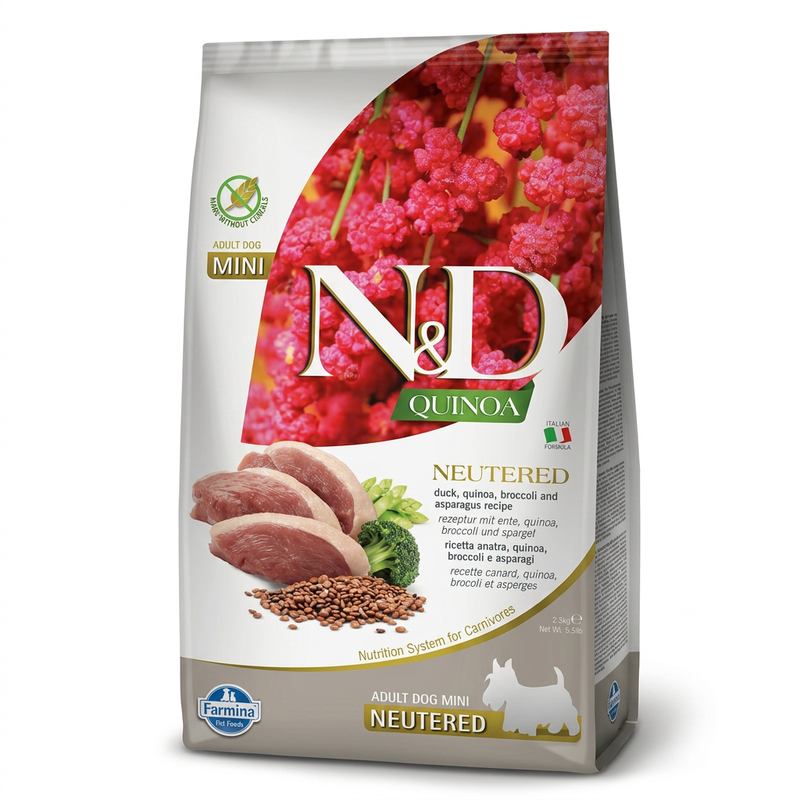 Farmina N&D Quinoa Gesteriliseerde Volwassen Mini Droog Hondenvoer, Recept met Eend, Broccoli & Asperges, 2,5 kg