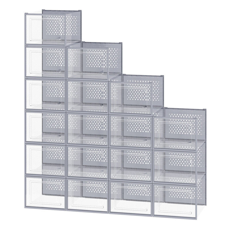 JOYFURNOS Set van 18 stapelbare sneakers opbergdozen, opvouwbare schoenenorganizers voor kledingkast, transparant en grijs