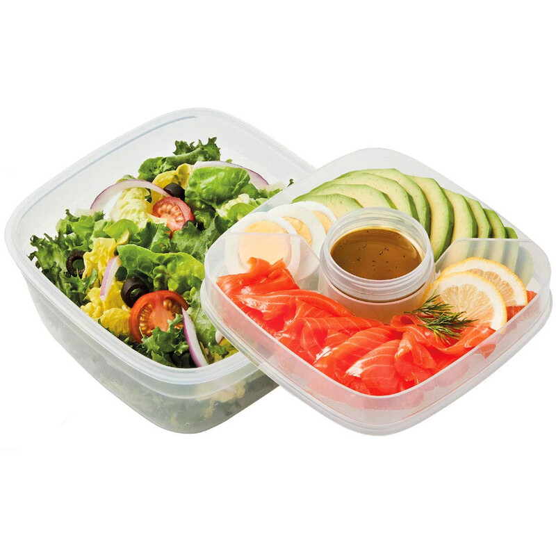 LocknLock Salad-to-Go Lunchbox 2er-Set – Je 1,6 L Transparenter Kunststoffbehälter mit Topping-Einsatz & Dressing-Becher, Luftdicht & Auslaufsicher, Spülmaschinenfest