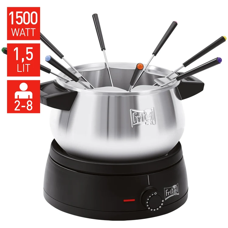 Fritel Fondue FO 2470 - Elektrische fondueset/fonduepan - Kerstcadeau/Feestcadeau - 1,5 L - 1500 W - Voor 2 tot 8 personen + 8 fonduevorken - PFAS-vrij