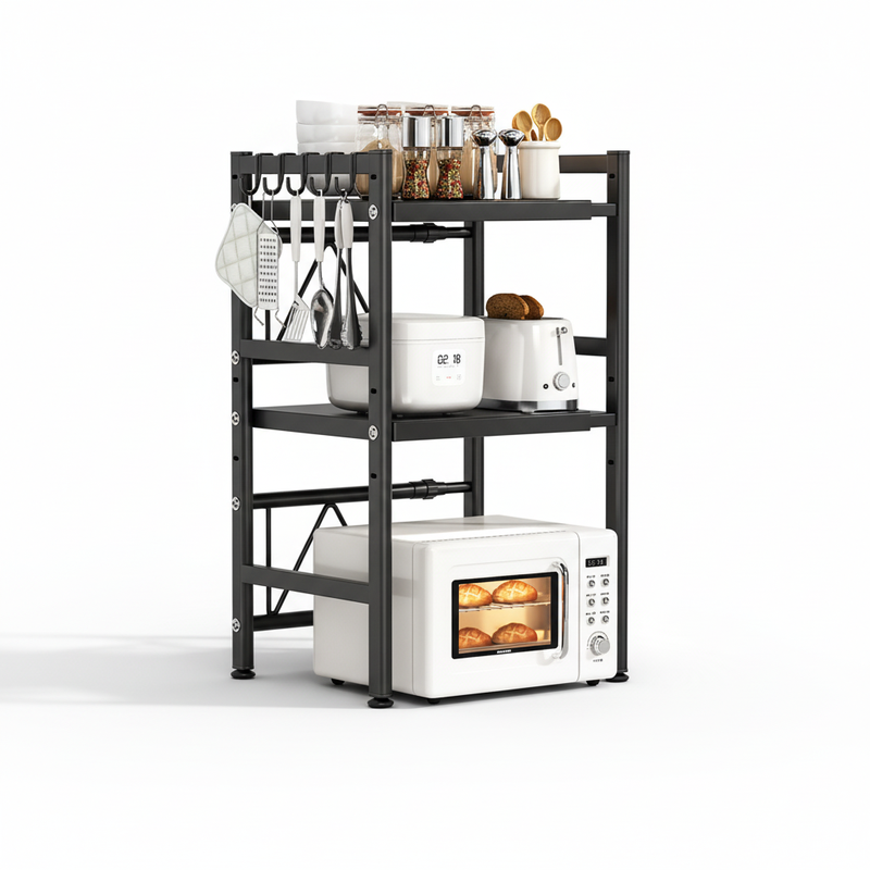 Maxcook 3-Tier Microwave Oven Rack Expandable Microwave Stand Countertop Kitchen Utensils Tableware Storage Carbon Steel Over Microwave Shelf Countertop With 5 Hooks Mczw2614