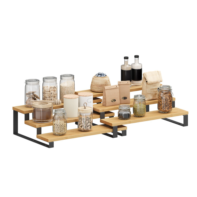 JOYFURNOS kruidenrekset van 2, uitschuifbare 3-laagse keukenkastorganizer met stapelbare bamboe planken en stevig metalen frame, 32 x 24 x 11,5 cm en 32 x 24 x 9,5 cm twee maatopties, past bij verschillende kasthoogtes, ideaal voor kruiden, potten, blikke
