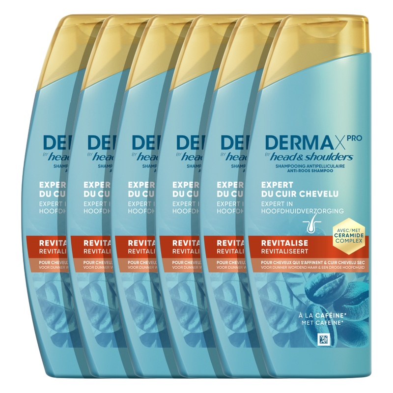 DermaXPro by Head & Shoulders Revitaliseert Anti-roos shampoo 6x250ml Met Cafeïne en Ceramidecomplex. Hydrateert de droge hoofdhuid, Ontwikkeld Voor Dunner Wordend Haar en Helpt De Huidbarrière Te Versterken