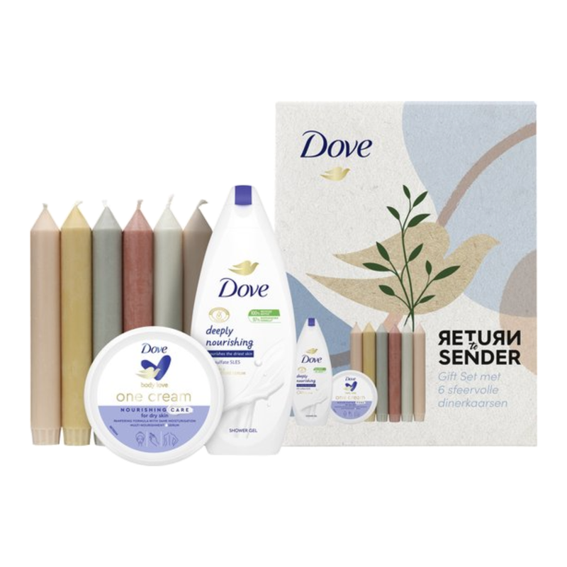 Dove geschenkset (body wash 250 ml + voedende bodycrème 250 ml + 6 dinerkaarsen)