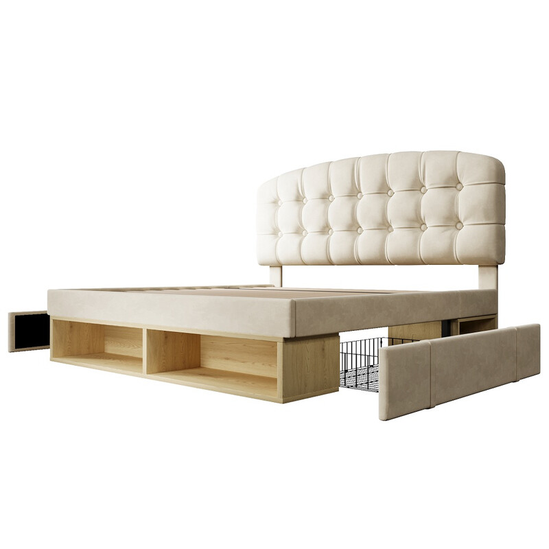 URBAN MEUBLE Velvet Metal Wood Series Double Bed with Storage Drawers 197x146x110-120cm