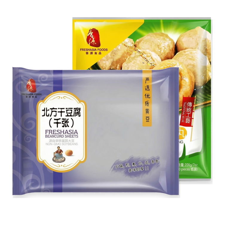 FRESHASIA Noordelijke gedroogde tofu (kianjang) 190 g + FRESHASIA Rundvleesballetjes met vulling 200 g