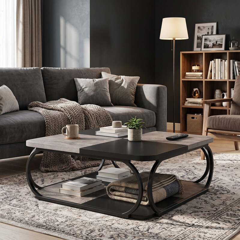 Quadratischer Couchtisch, 99 cm Zentraler Cocktails-Tisch mit 2-stufigen Regalen