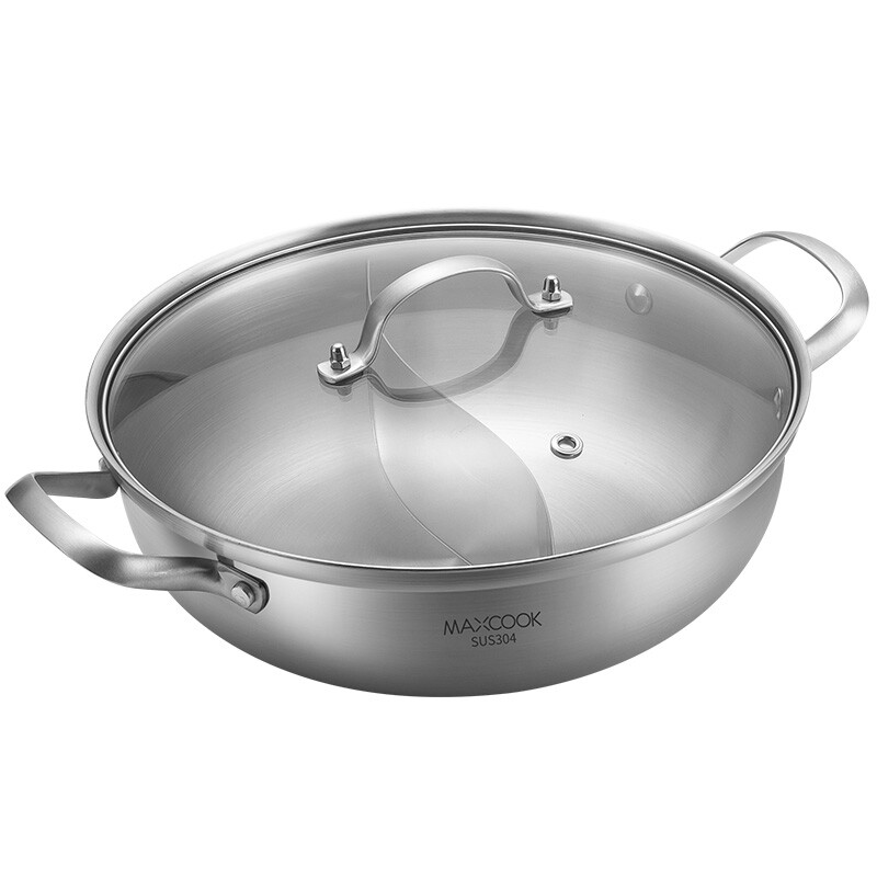 Maxcook 28 cm geteilter Hot Pot, 3-lagiger 304 Edelstahl Hotpot, Doppelgriff mit Glasdeckel, kompatibel mit Induktions- & Gasherd, Yin-Yang Hotpot für Familienparty MCT2041