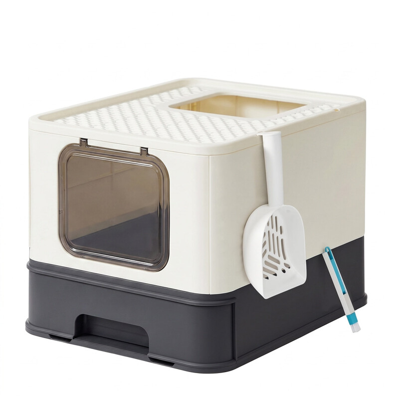 JOYFURNOS Katzenklo, Katzentoilette mit Deckel, ausziehbares Tablett, weniger Spuren, auslaufsicherer Boden, Beige-schwarz