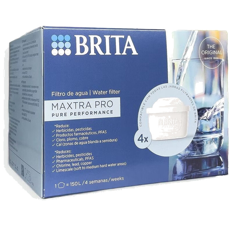 BRITA Maxtra Pro Pure Performance (All-in-1) Wasserfilterpatronen, 4er-Pack, Original-Ersatz für alle BRITA Pure Wasserfilterkannen, schützt vor PFAS, Chlor, Kalk und Metallen