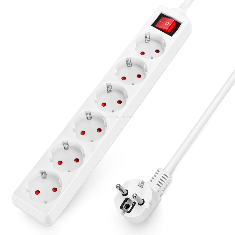 Steckdosenleiste mit Kabel/Deutsch 6-fach/3G1,5 mm²/1,5 m/Mit Schalter/Rechteckig/Weiß/PP
