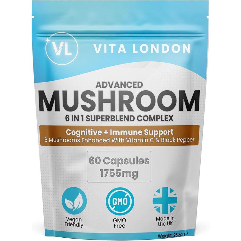 Vl Vita London Vita London Mushroom 6-In-1 Complex With Lion's Mane, Reishi, Chaga, Cordyceps, Shitake, Maitake & Vitamin C - 60 Capsules - Vegan - Cognitive Support Supplement