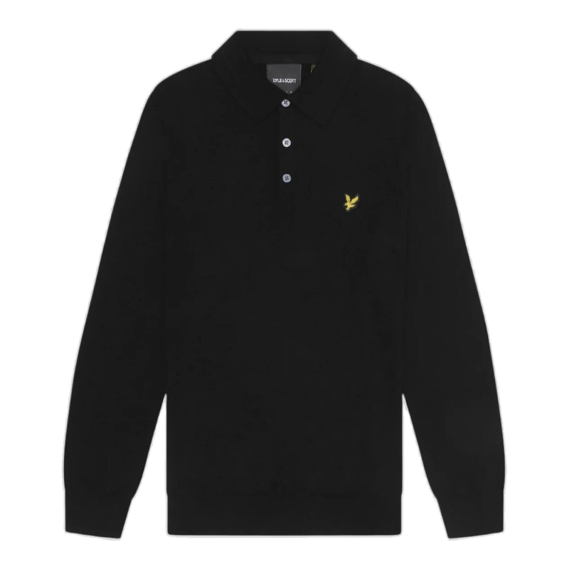 Lyle & Scott Black Merino Blend Long Sleeve Polo Shirt - Jet