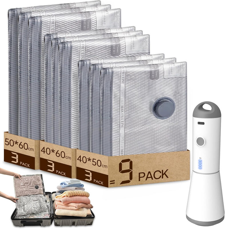 Vacuum Bags for Clothes with Wireless Vacuum Pump, Pack of 9 (3 x 40 x 50 cm, 3 x 40