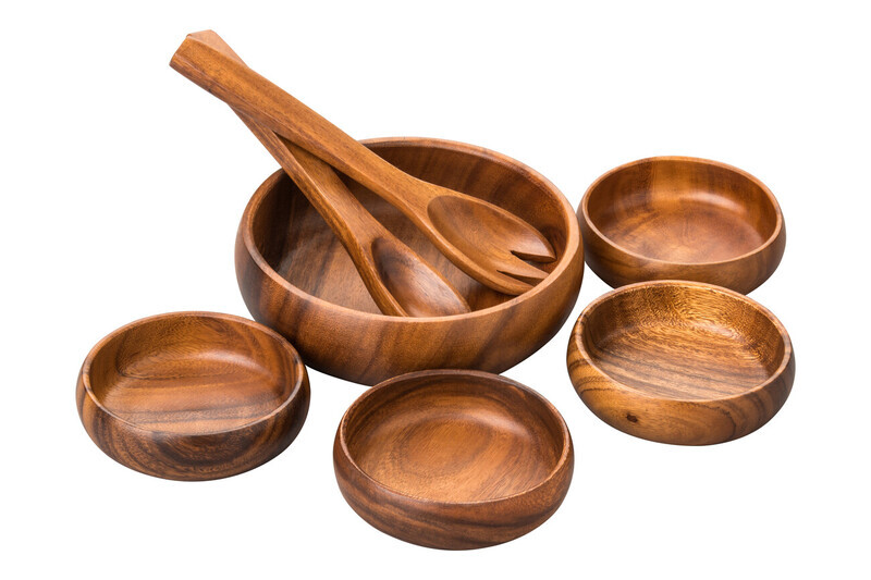 Complete Acacia 7 Piece Salad Serving Set, Large 4 Bowls Wooden Salad Bowl, Hand Carv