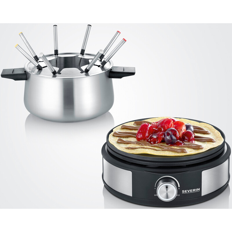 Severin Fondue-Crêpes-Kombination, spülmaschinengeeignetes Fondueset mit 8 farblich markierten Gabeln, Fondue-Crêpes Maker-Kombi aus Edelstahl, schwarz, FO 2471