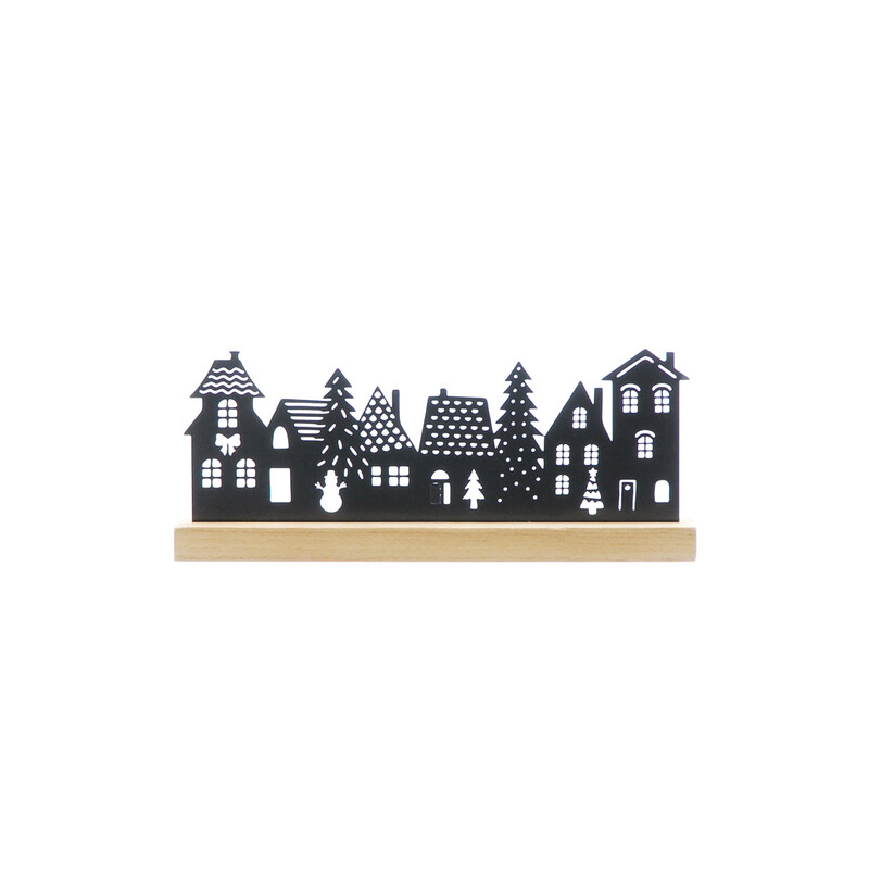 Festive 30Cm Black Wooden Cut Out Street On Wooden Base
