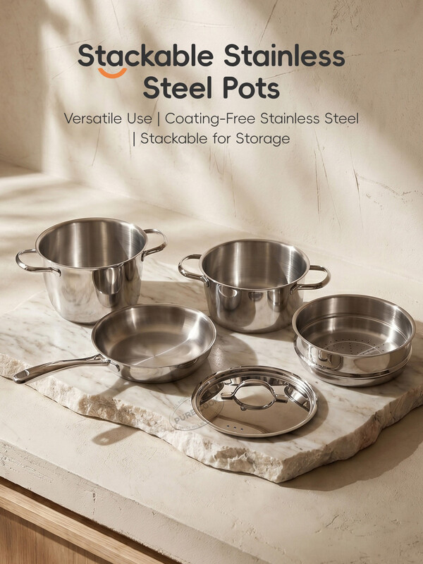 PURECOOK 304 Serie | 5-teiliges 304 Edelstahl 3-lagiges Schachteltopf-Set