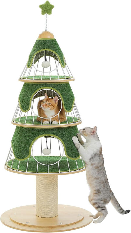 PAWZ Road 130 cm kerstkattenboom, kattentoren met 14 cm met sisal beklede krabpaal en 3 grote kattenhuisjes, grote krabpaal voor huiskatten, groen