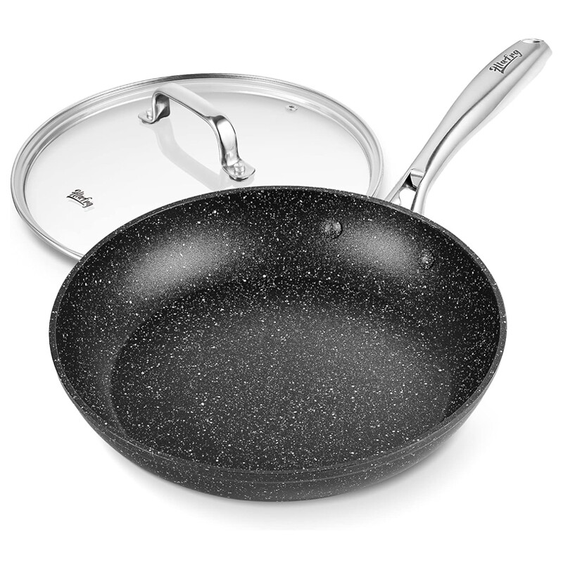 12 Inch Nonstick Frying Pan with Lid, Black Marble Coated Egg Pan, Induction Compatib