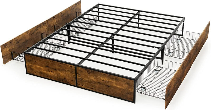 Costway Double Metal Bed Frame with 4 Rolling Underbed Storage Drawers-190 x 120 x 33 cm
