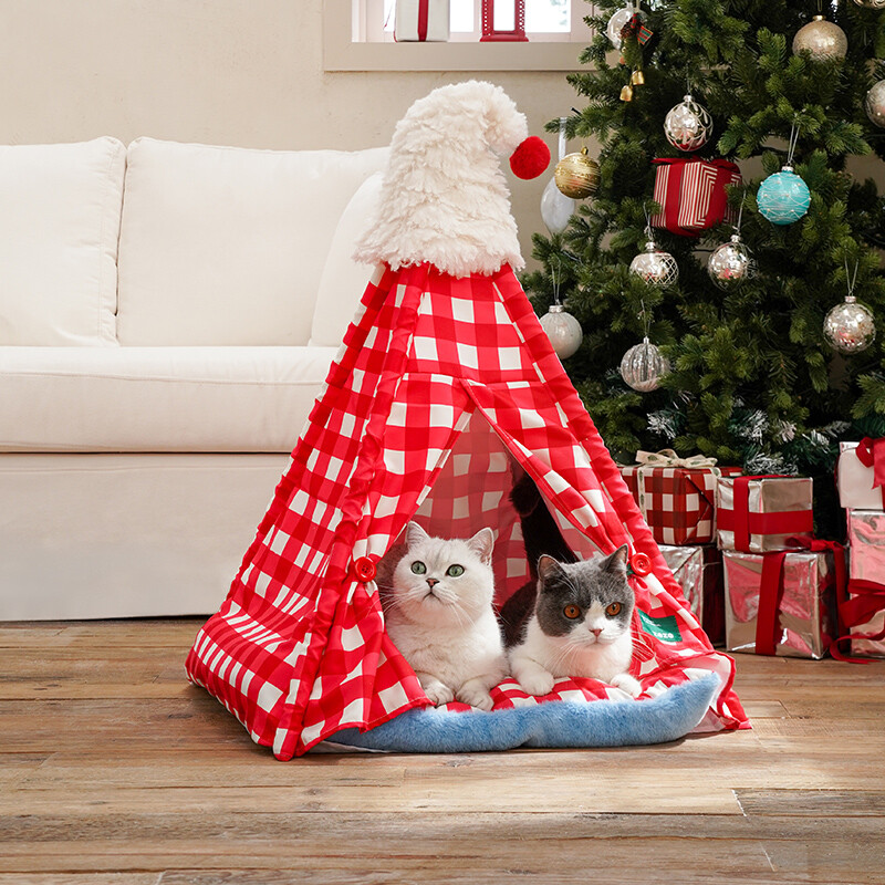 Red Plaid Hat Pet Tent, Semi-Enclosed Removable Washable, Fluffy Soft Thick, for Cats