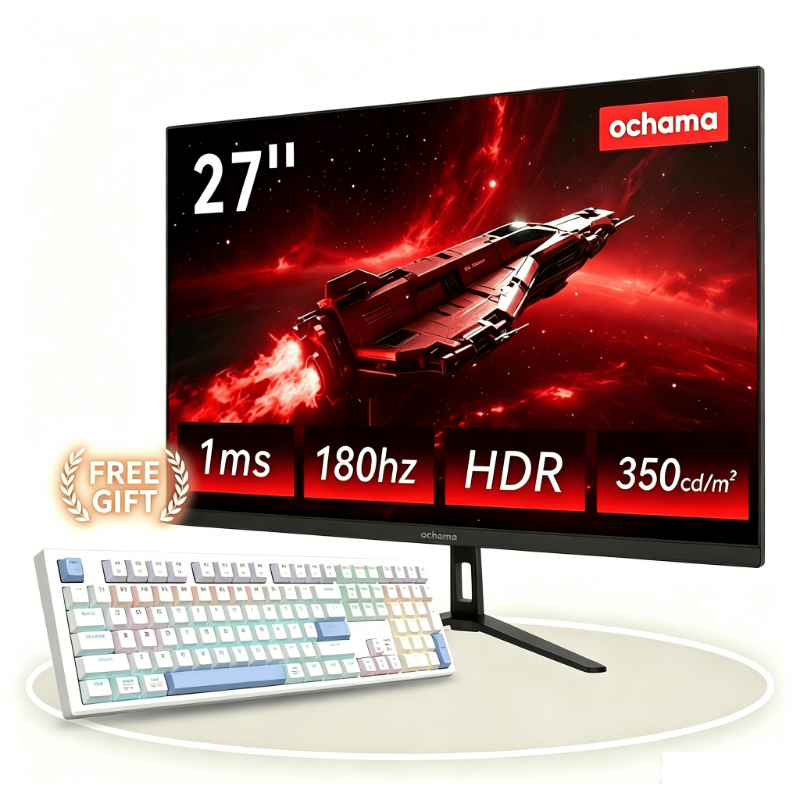 【Free Gift Keyboard】Ochama 27 Inch Gaming Monitor, 2K QHD IPS 180Hz Computer Display, Ultra-Narrow Bezel, for PC/Laptop/Office/Gaming, Includes Free Wired Keyboard