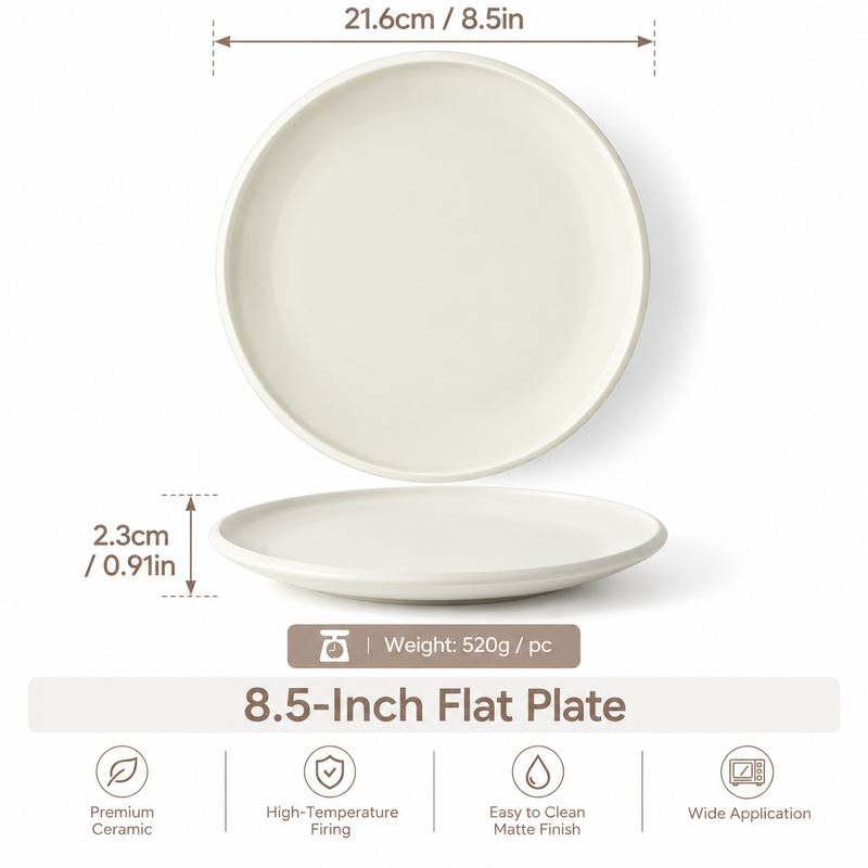 JIWOO Zen 8,5 Zoll Premium Keramik flacher Teller, mattweiß, 1 Stück