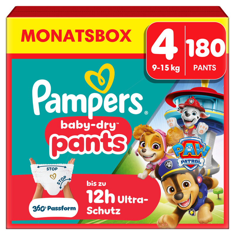 Pampers Baby-Dry Pants Paw Patrol Edition Größe 4, 180 Windeln, 9kg-15kg, 360° Passform mit Stop & Schutz System