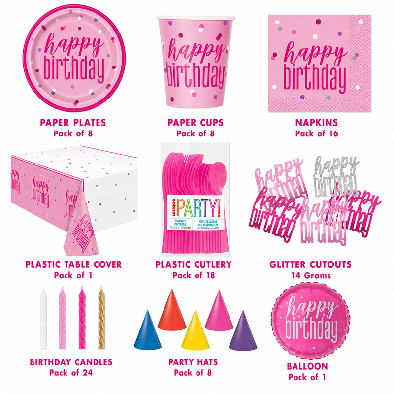 Pink Birthday Party Tableware & Decoration Bundle - 9 Pc - Tablecover, Napkins, Paper Plates, Paper Cups, Napkins, Cutlery, Party Hats, Balloons, Confetti,