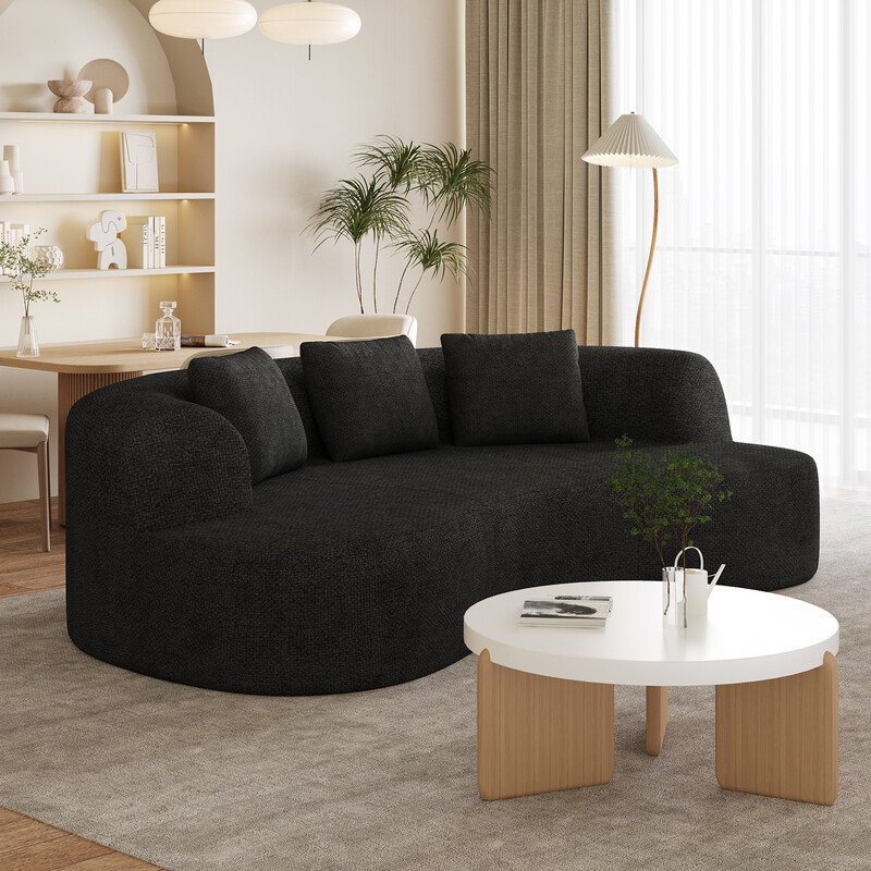 GTIMEX 2-Sitzer-Sofa, Chenille-Modulsofa, 168 x 90 x 67 cm, Statische Belastbarkeit: 270 kg, Keine Montage erforderlich, Knochenloses Sofa, Gebogenes Design Polstersofa mit 3 dekorativen Kissen für Wohnzimmer & kleine Wohnungen, Kompakt, Schwarz