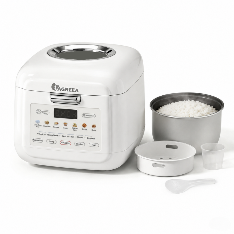 IAGREEA Mini rijstkoker met zichtbaar kookvenster, 2 liter/3 koppen ongekookte rijst, met stoommand en warmhoudfunctie, fuzzy logic, one-touch koken, 24-uurs startuitstel, automatische warmhoudfunctie, wit