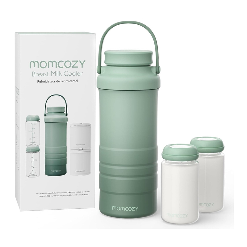 Momcozy 22 oz 650 ml draagbare moedermelkkoeler, onmisbaar voor buiten, 360° koeling rondom, tot 24 uur, reiskoeler met grote capaciteit en 2 babyflessen, groen, cadeau voor mama