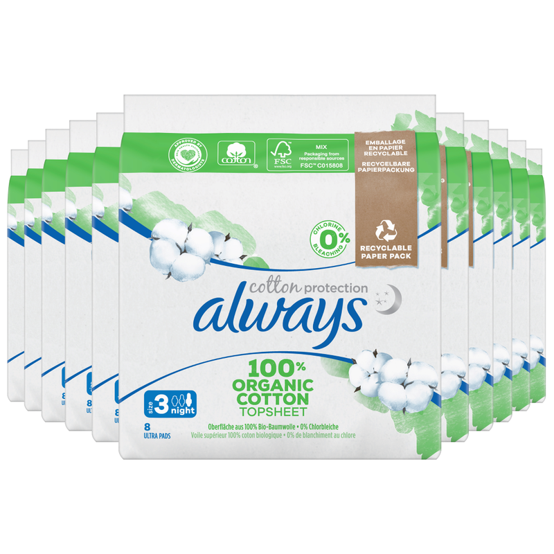 Always Cotton Protection Night Maandverband Met Vleugels 96 stuks, Toplaag van 100% Biologisch Katoen