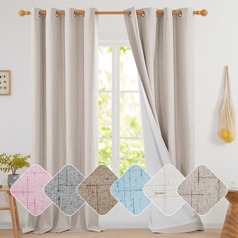 Linen-like Full Sunscreen Fabric 8 White Grommet No Tie Curtain， 2Pcs 132*214 Natural