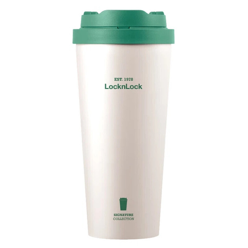 LocknLock Thermobecher 550 ml – Weiß-Grün Doppelwandiger Edelstahl Reise-Trinkbecher mit Keramikbeschichtung, Inklusive Strohhalmdeckel & Ein-Touch Auslaufsicherer Deckel, Getränkebehälter für Heimweg & Reisen
