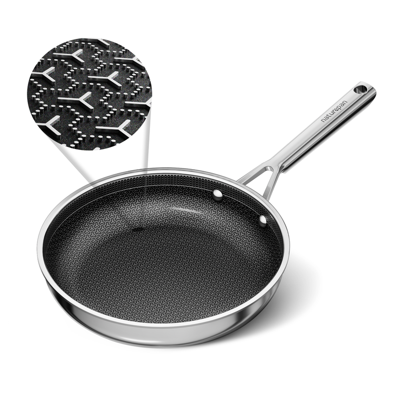 naturepan Hybride keramische koekenpan 24 cm, 5-laags diamant-titanium antiaanbaklaag, roestvrijstalen pan, zeshoekig oppervlak, vaatwasserbestendig & ovenbestendig