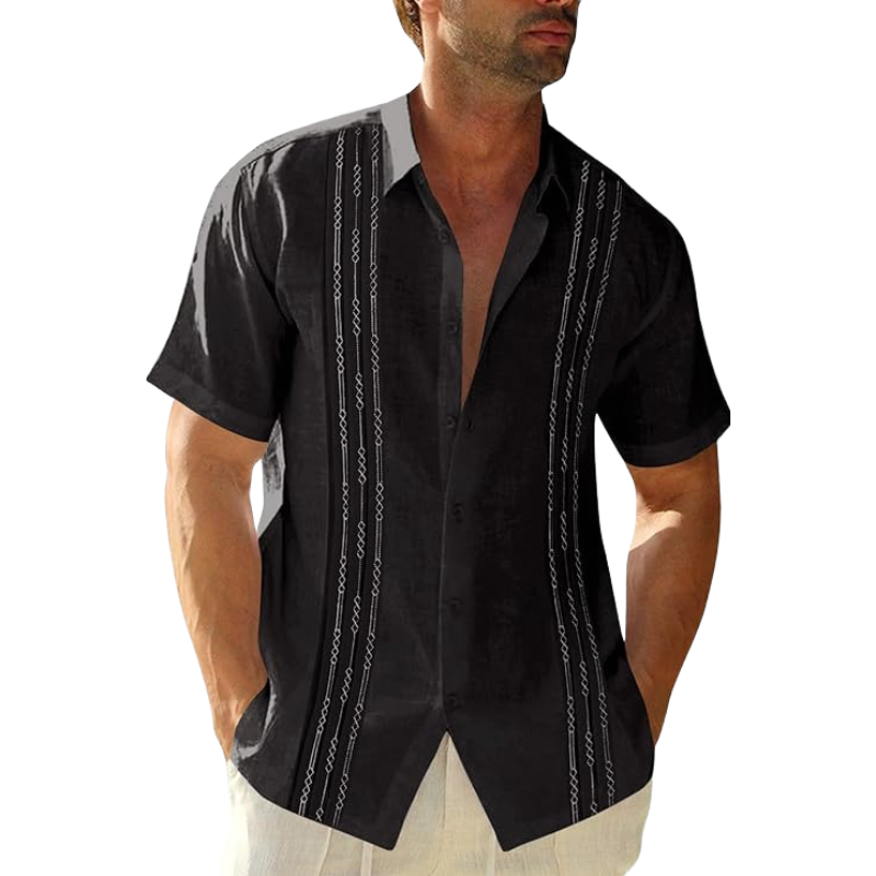 Men's Black Short Sleeve Guayabera Shirts Linen Cotton Button Down Mexican Embroidered Cuban Wedding Shirt Summer Beach Tops (, Xl)