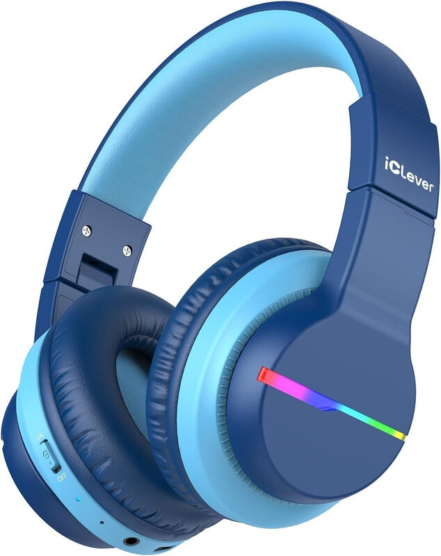 iClever BTH12 Bluetooth Kopfhörer für Kinder, kabellose On-Ear Kopfhörer mit blaues Design und langer Akkulaufzeit für Smartphone